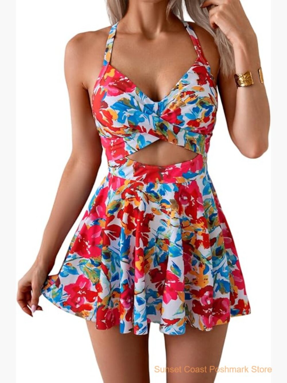 Cutout One Piece Skirt Swimsuit V Neck Wrap Tie Back Swimdress